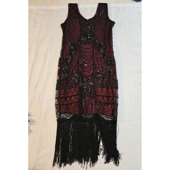 20s Gatsby Flapper Fringed Dress Complete Costume Halloween Stage Adult 14-16 L - Picture 7 of 10